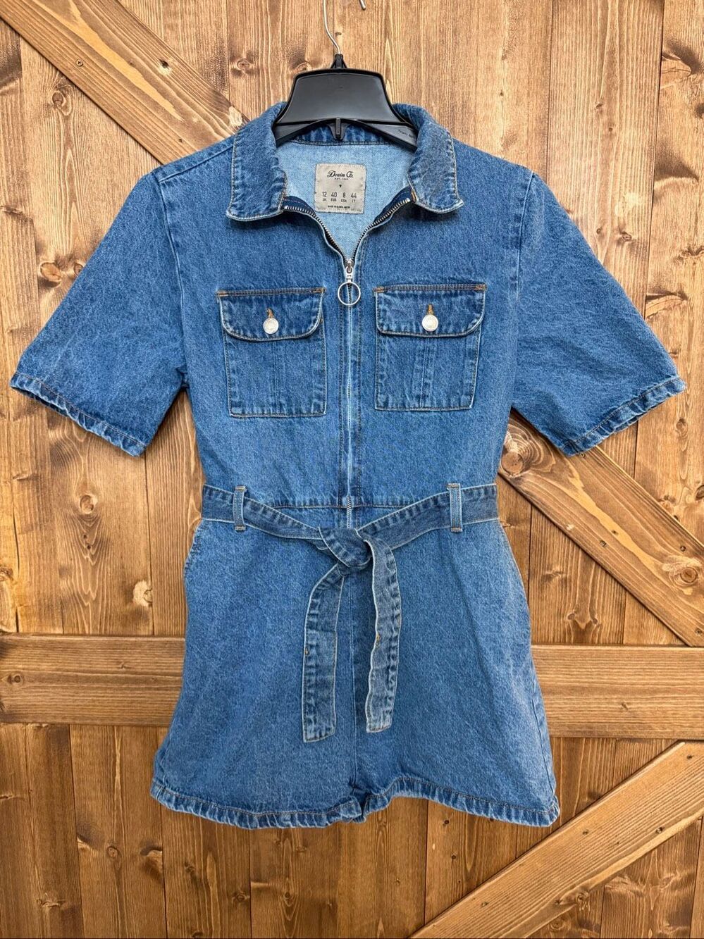 Denim Co Women’s Size 8 Blue Denim Romper Belted Zip Front Short Sleeve Utility
